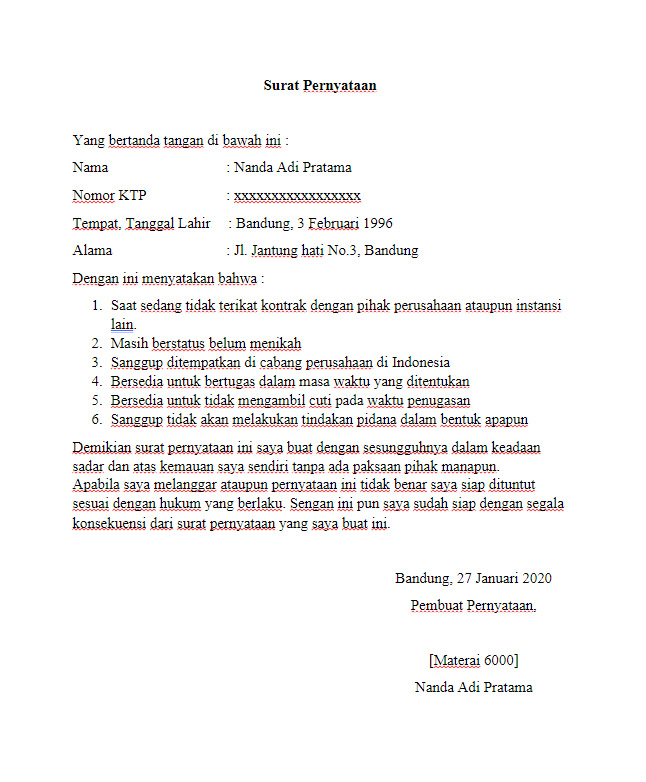 Contoh Surat Pernyataan Bermaterai Untuk Segala Keperluan