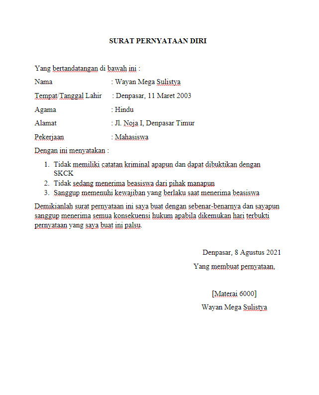 Contoh Surat Pernyataan Bermaterai Untuk Segala Keperluan